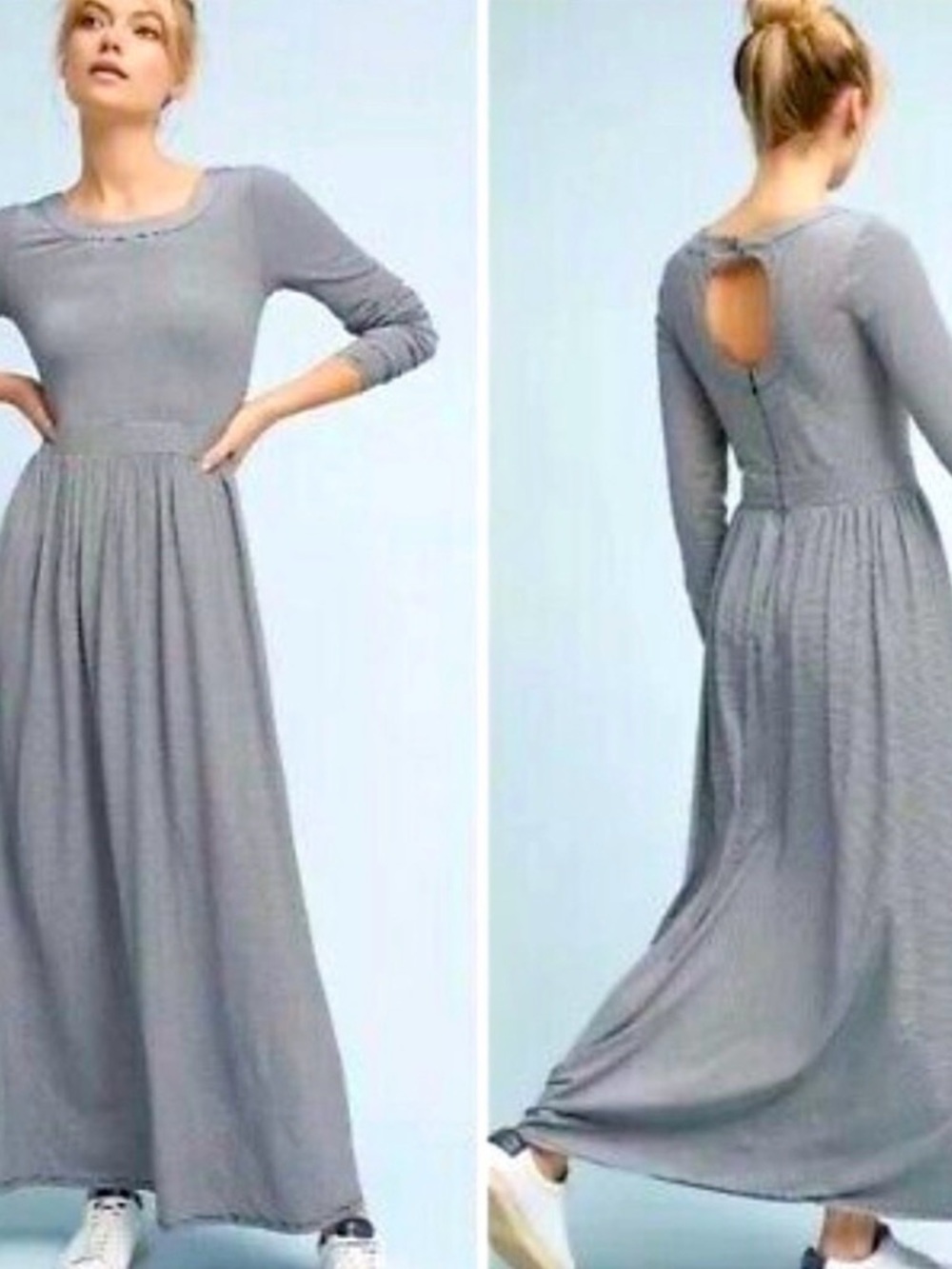 Sunday in Brooklyn Anthropologie Striped Knit Maxi Dress Keyhole Gray Small